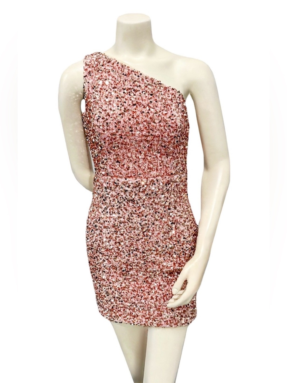 Rose Gold Sequin One-Shoulder Mini Dress Size 2 Open Back Cocktail Party Dress - Picture 2 of 7